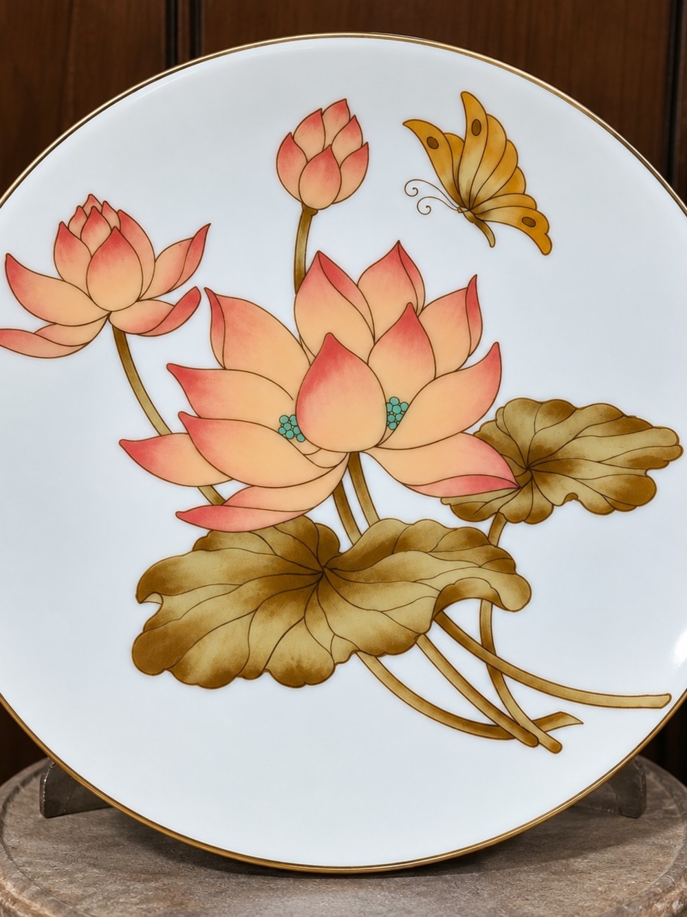 Vintage Made in Japan Lotus Flower Butterfly Plate 6.5" Gold Rim Porcelain Wall